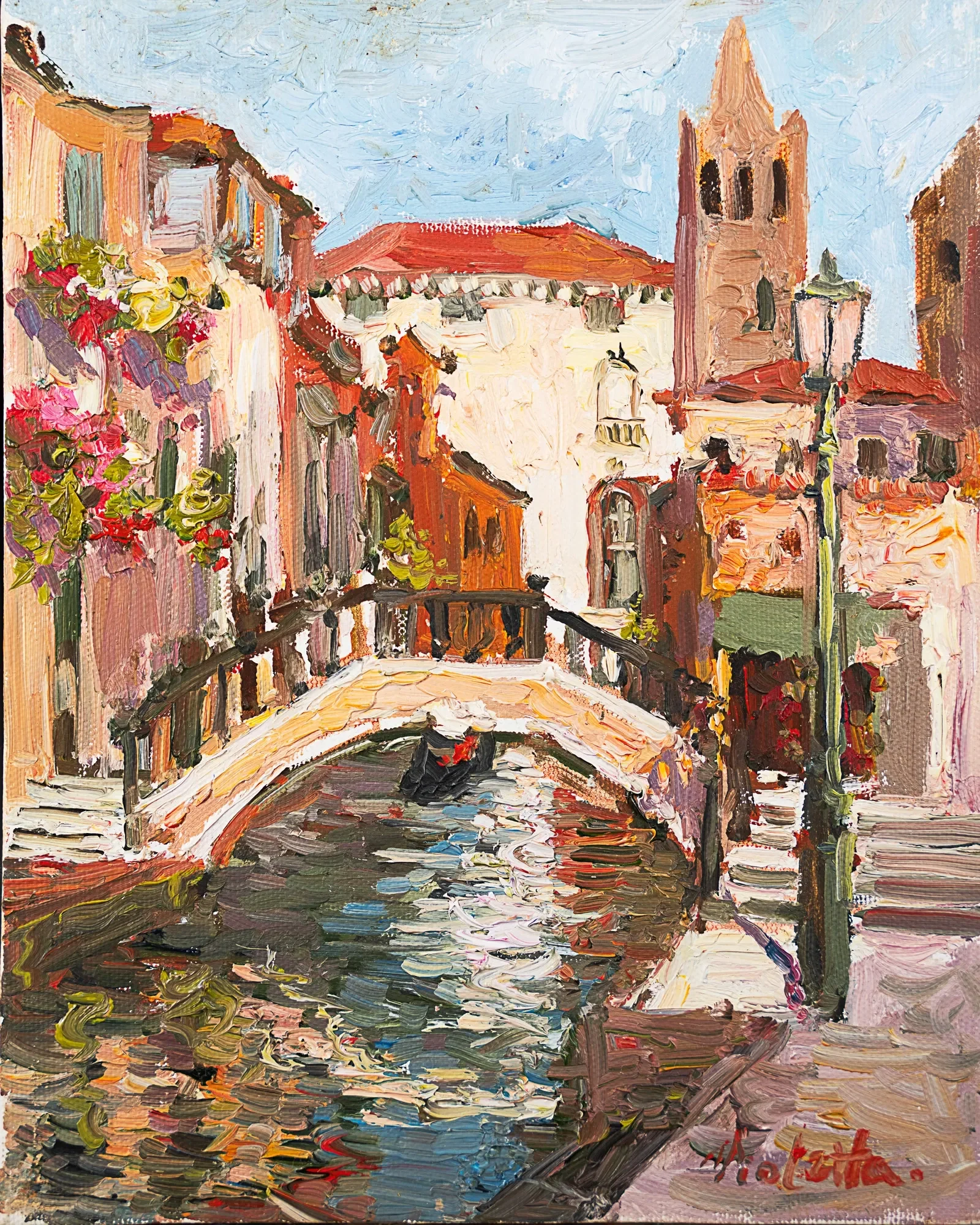 A canal with a small arched bridge and colorful buildings — study by Violetta Chandler