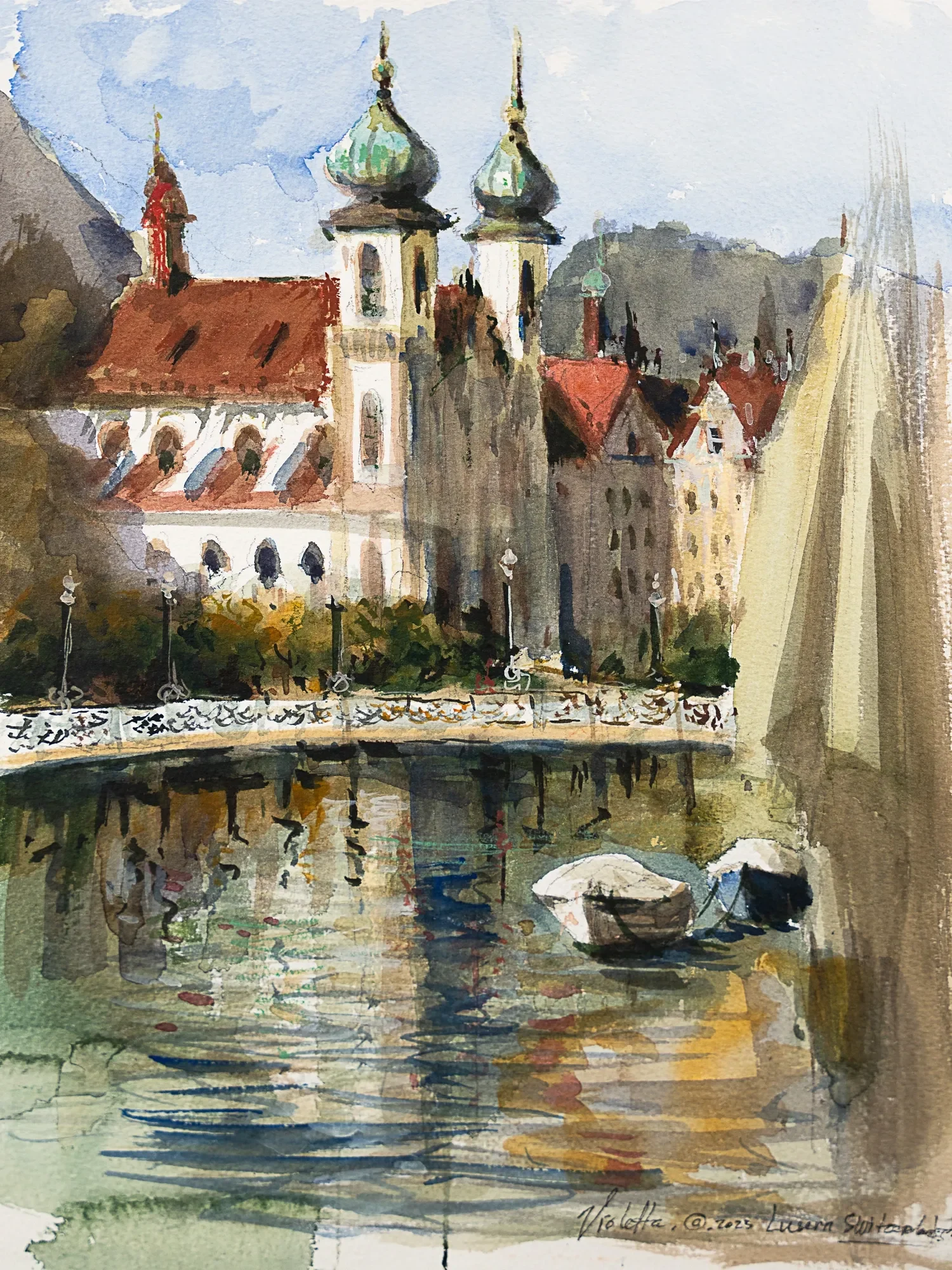 Church towers and riverside buildings reflected in the water — study by Violetta Chandler