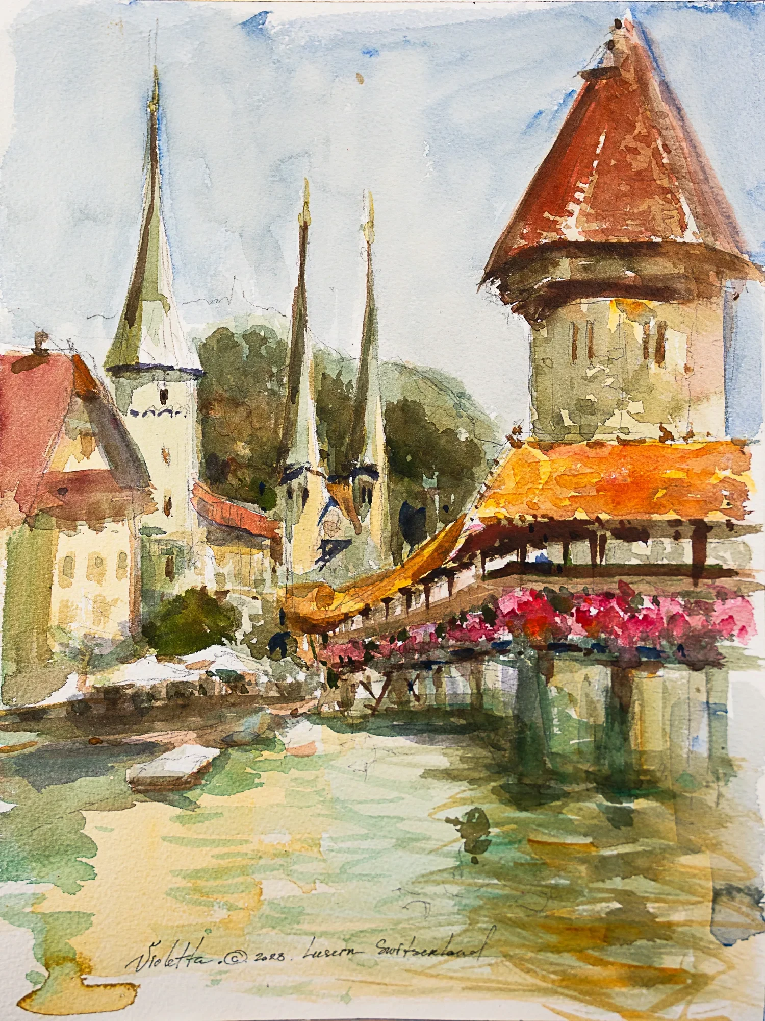 A covered wooden bridge and a tower with a red roof — study by Violetta Chandler