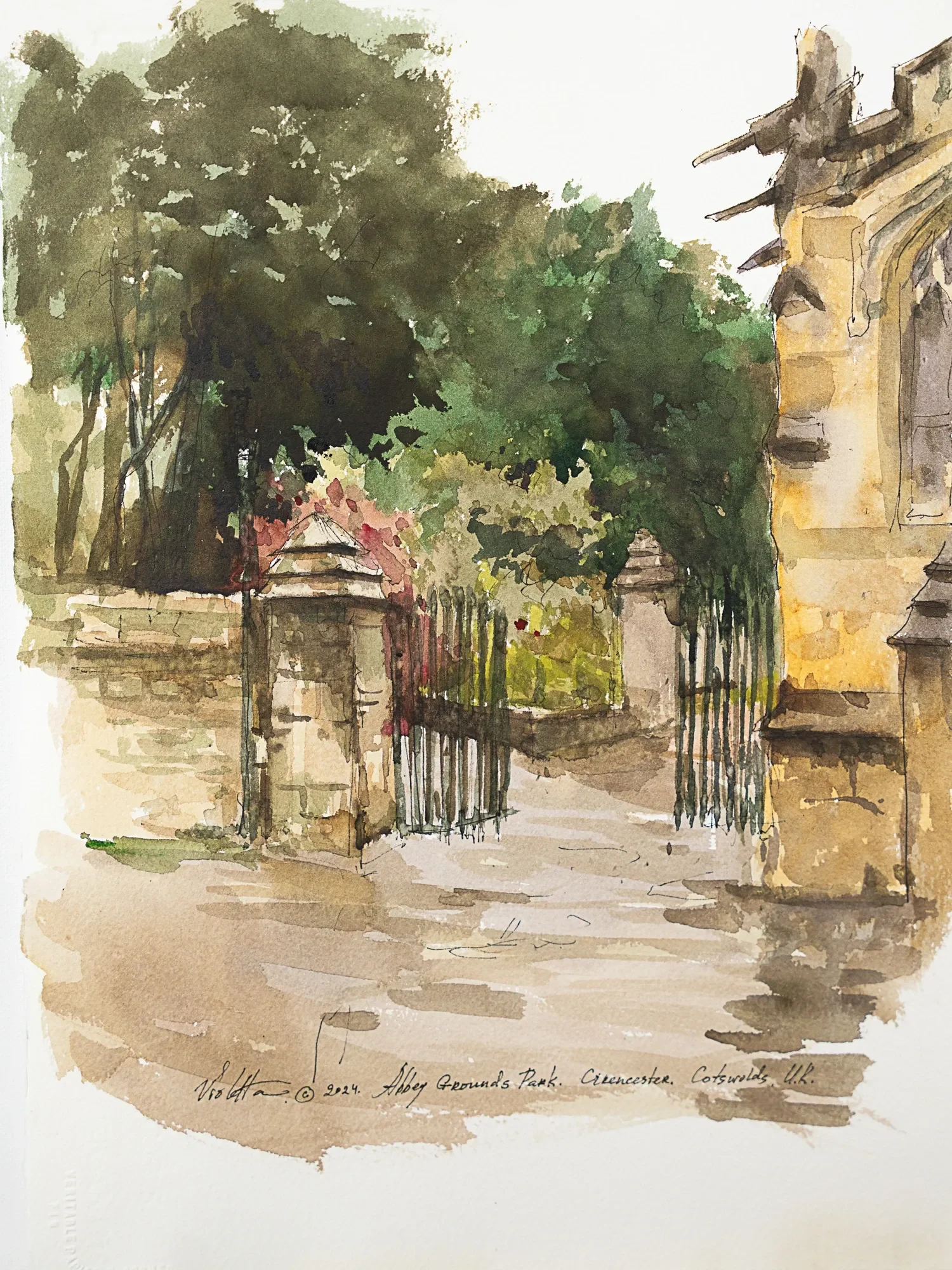 A stone gateway and iron fence beneath leafy trees — study by Violetta Chandler