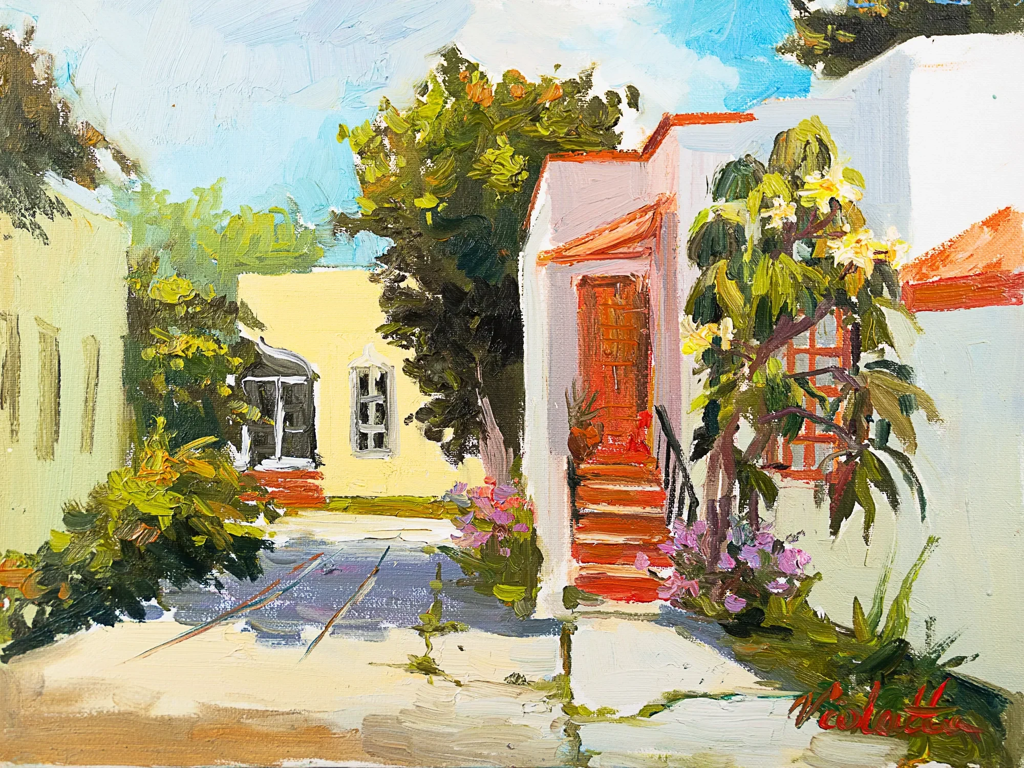 A sunlit courtyard with pale buildings, red steps, and flowers — painting by Violetta Chandler