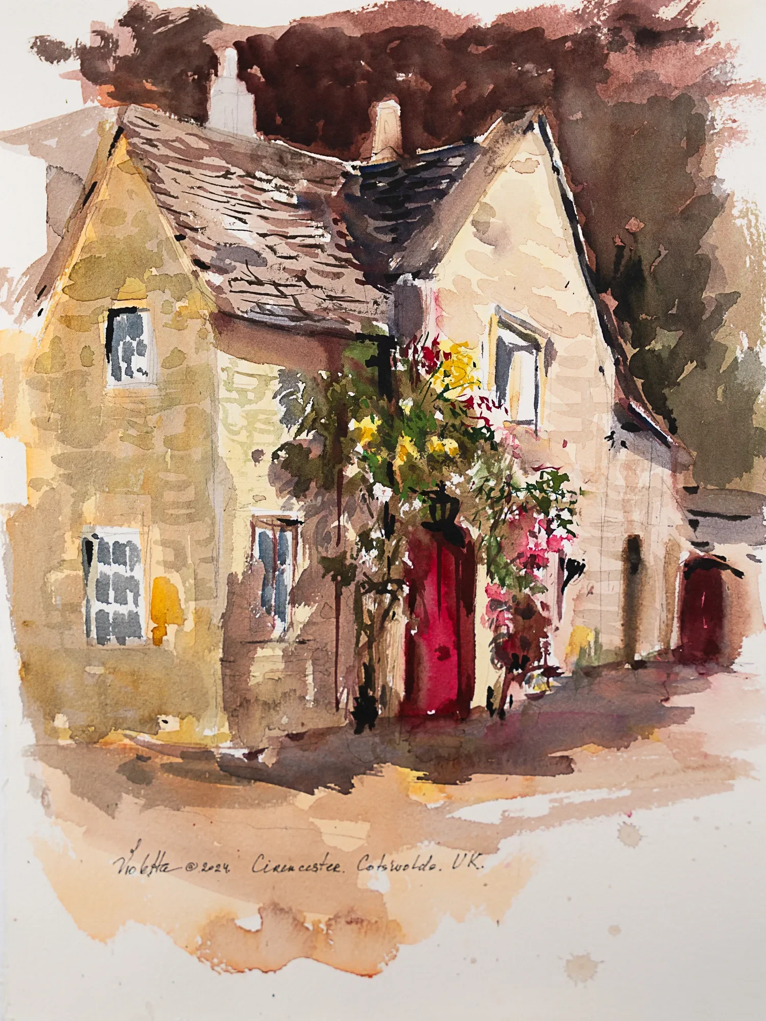A stone cottage with a steep roof and red doorway — study by Violetta Chandler