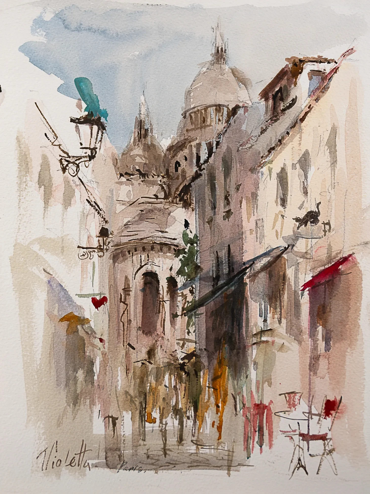 A narrow city street leading toward a dome — study by Violetta Chandler