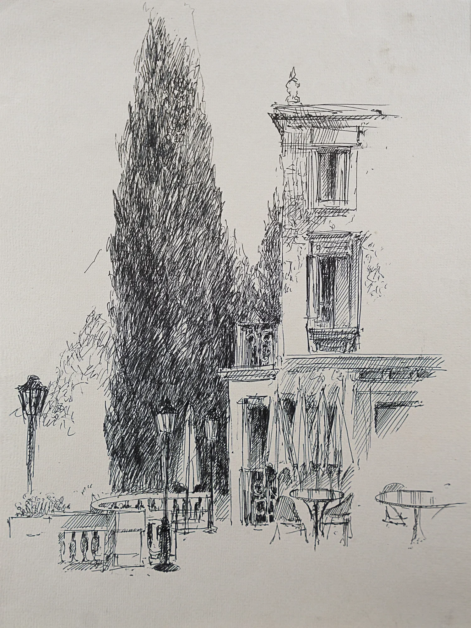 A tall cypress tree beside a multi-story building — study by Violetta Chandler