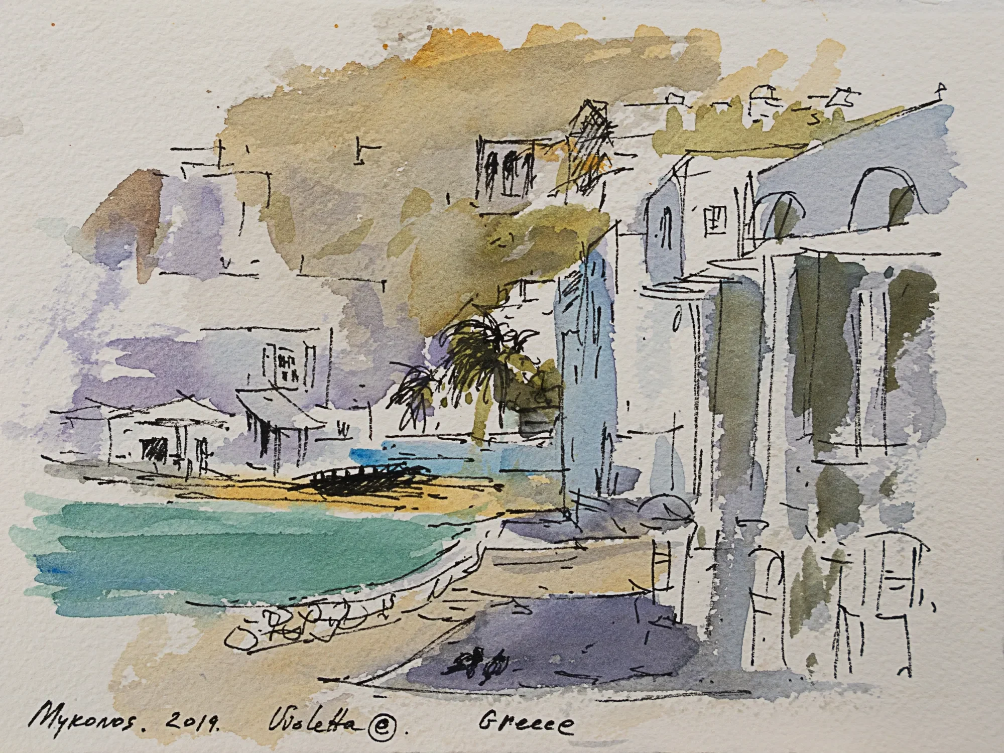 Pale waterfront buildings and boats beneath a hillside — study by Violetta Chandler
