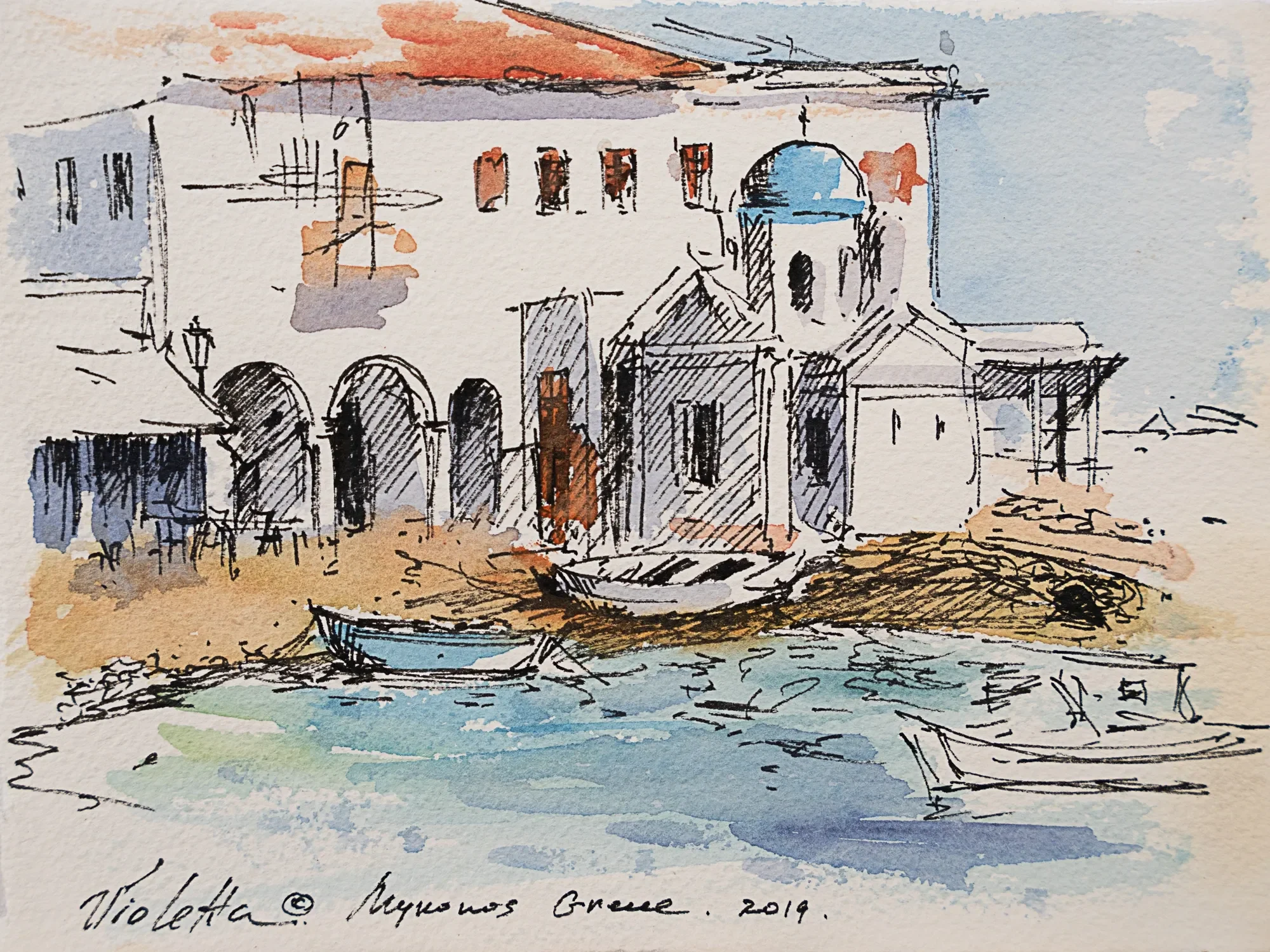 A small blue-domed church and waterfront buildings — study by Violetta Chandler
