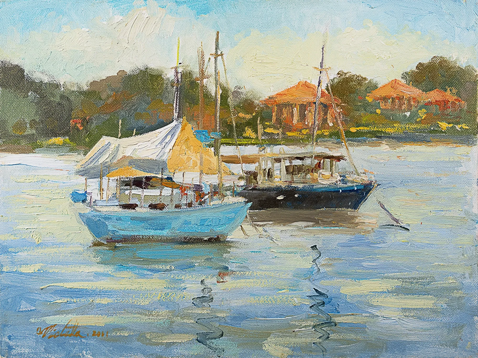 Sailboats on blue water beside a palm-lined shore — painting by Violetta Chandler