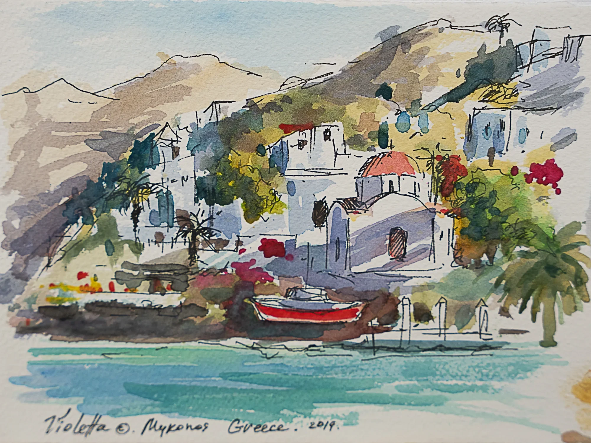 White hillside buildings and a red boat beside blue water — study by Violetta Chandler