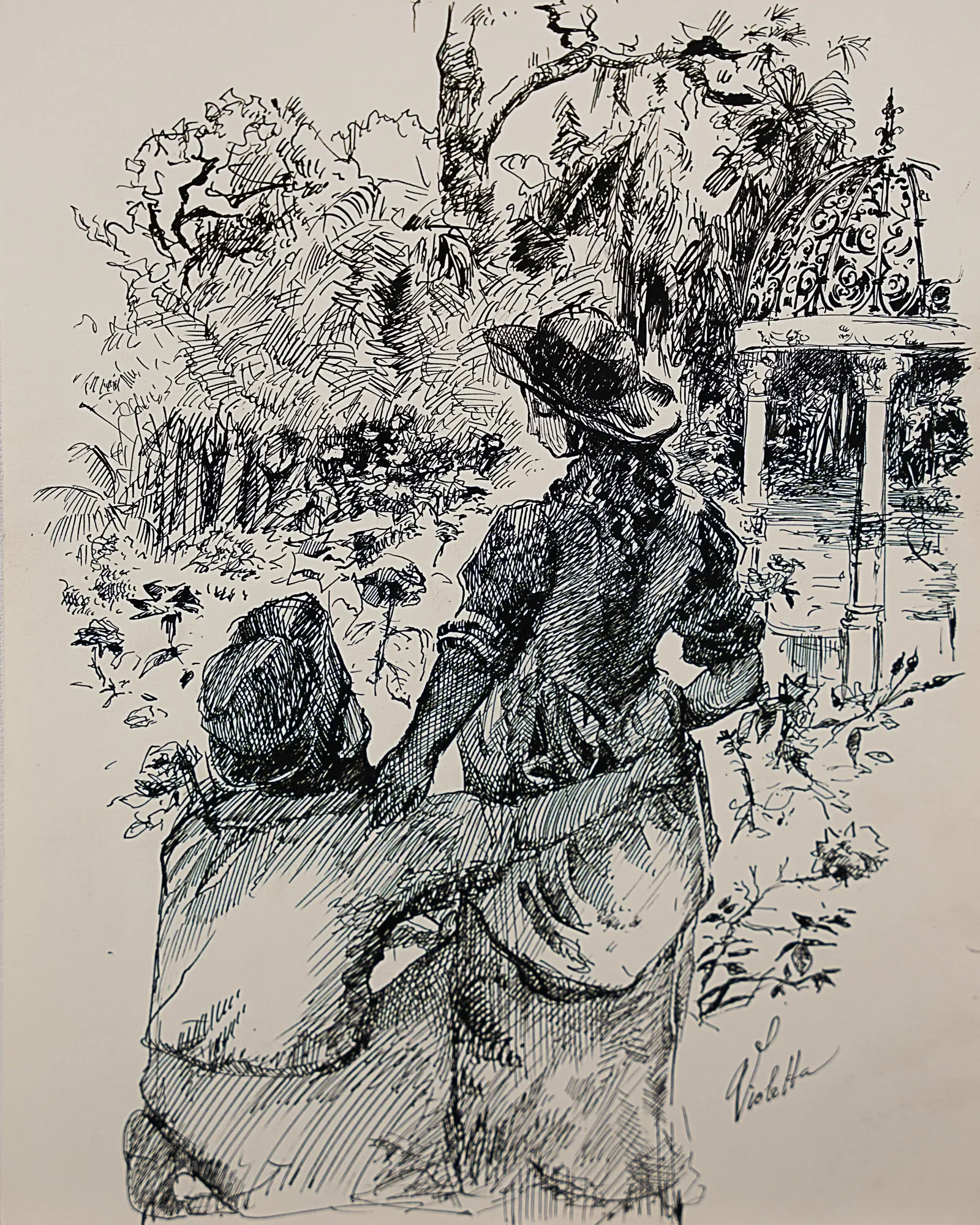 A seated woman drawing in a leafy garden — study by Violetta Chandler