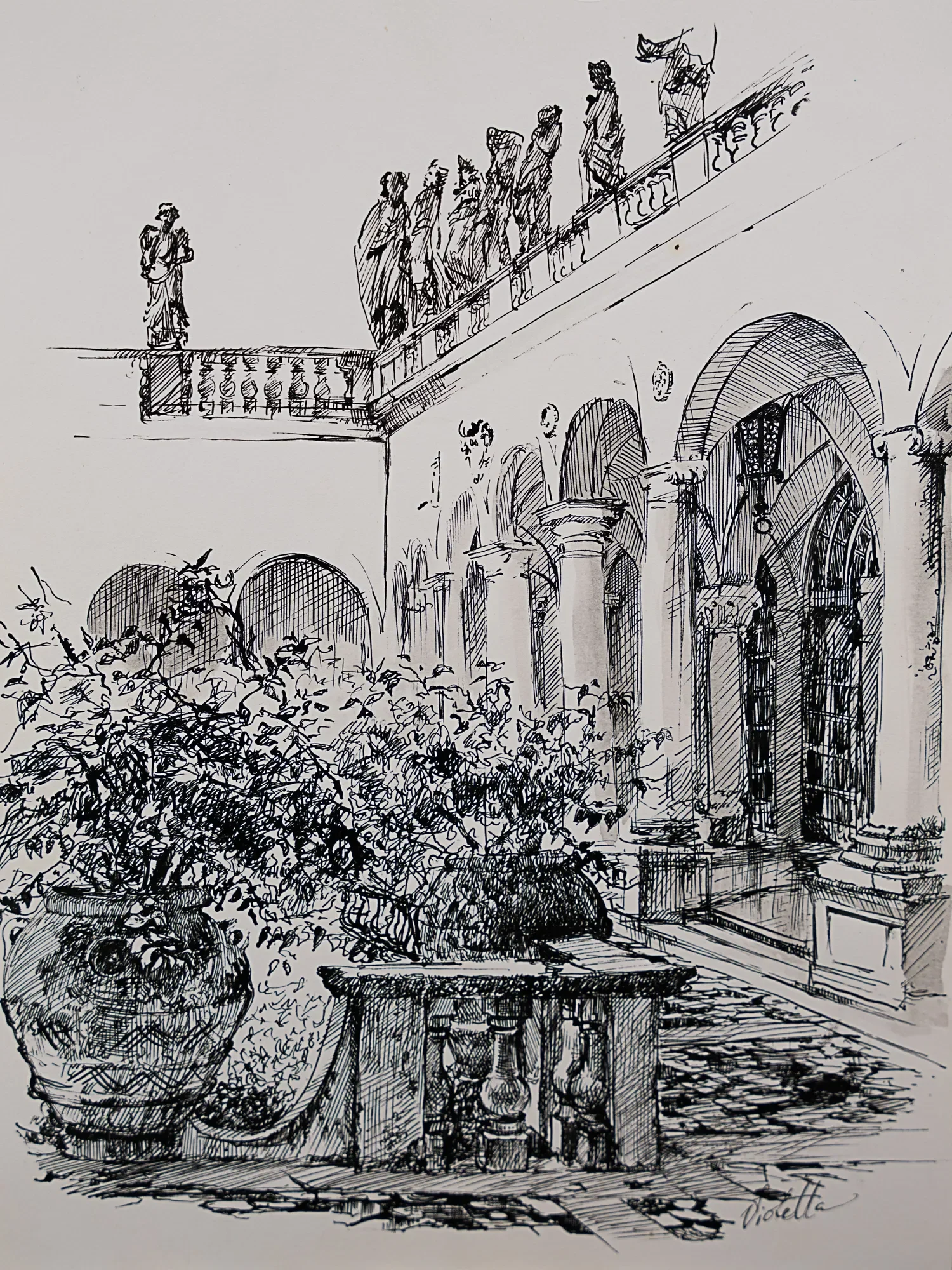 An ornate courtyard with arches, sculpture, and plants — study by Violetta Chandler