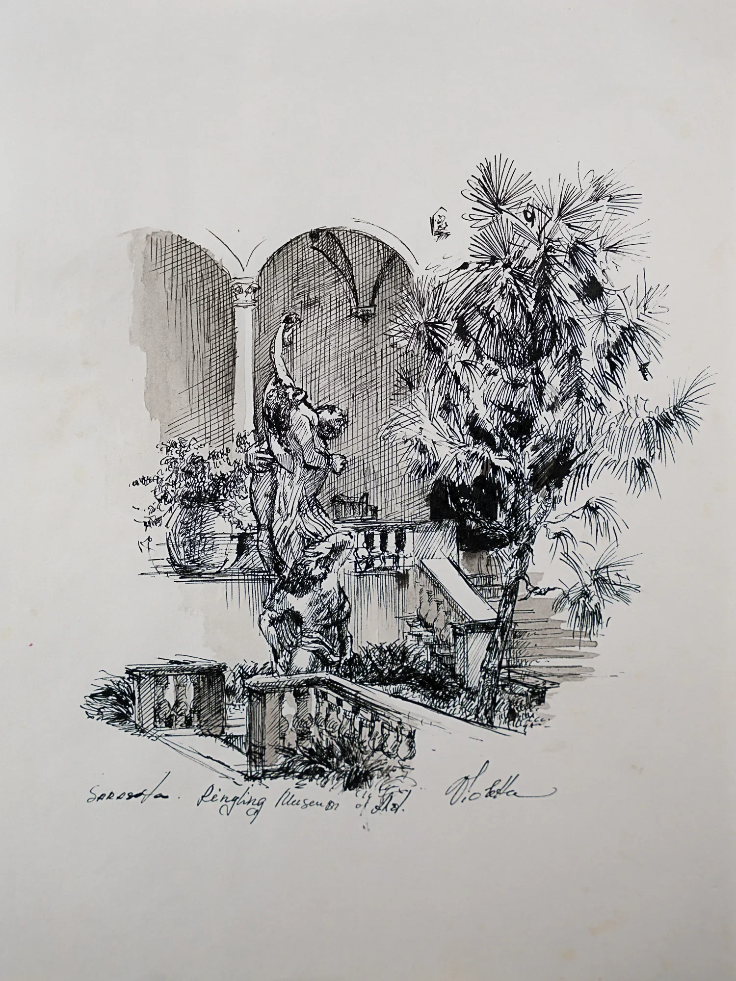 A garden courtyard with an arched doorway, plants, and a fountain — study by Violetta Chandler