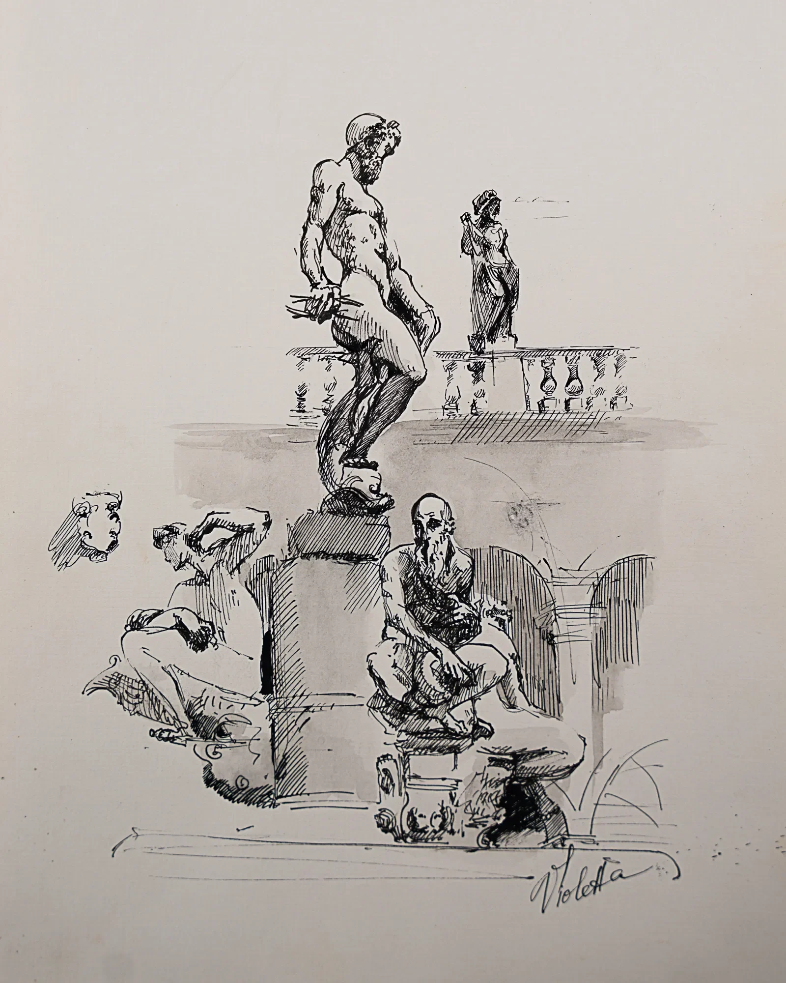Sculpted figures around a fountain — study by Violetta Chandler