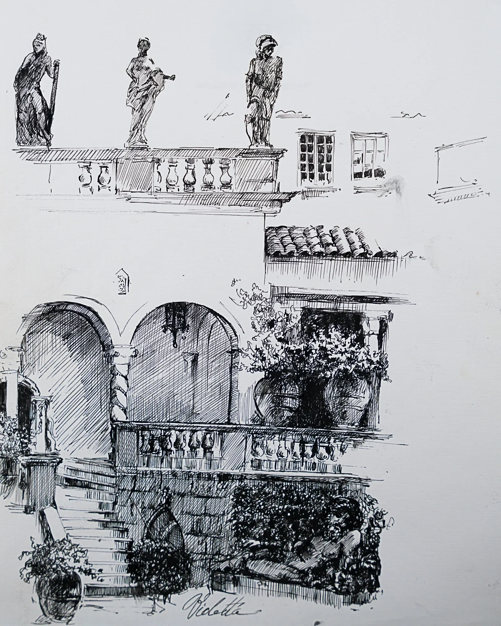 A courtyard façade with statues, arches, and a carved balcony — study by Violetta Chandler