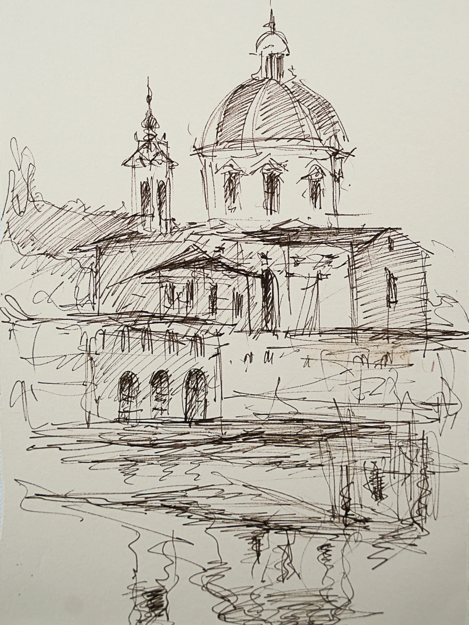 A domed waterfront church reflected in the water — study by Violetta Chandler