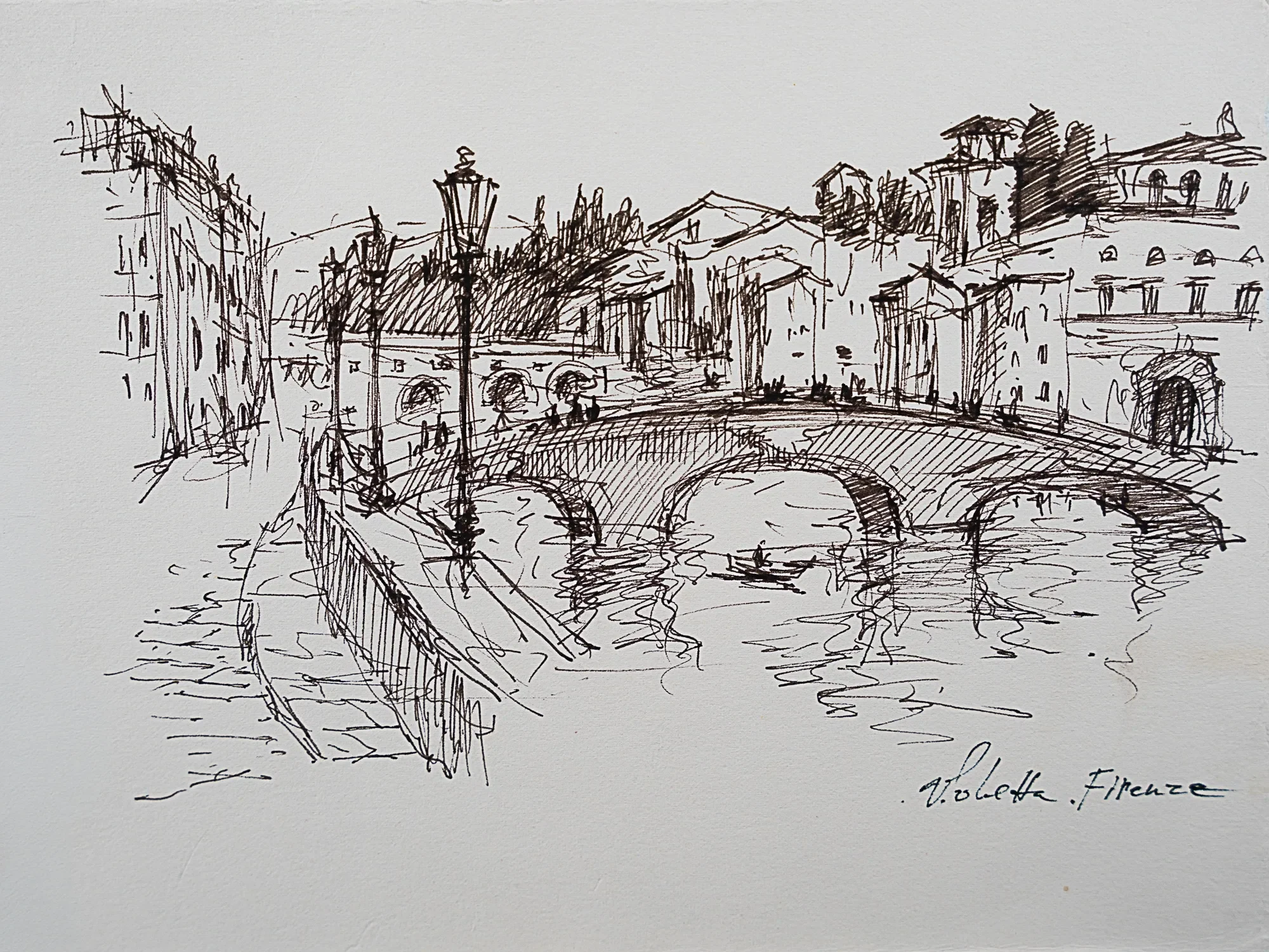 An arched bridge, streetlamps, and buildings beside a river — study by Violetta Chandler