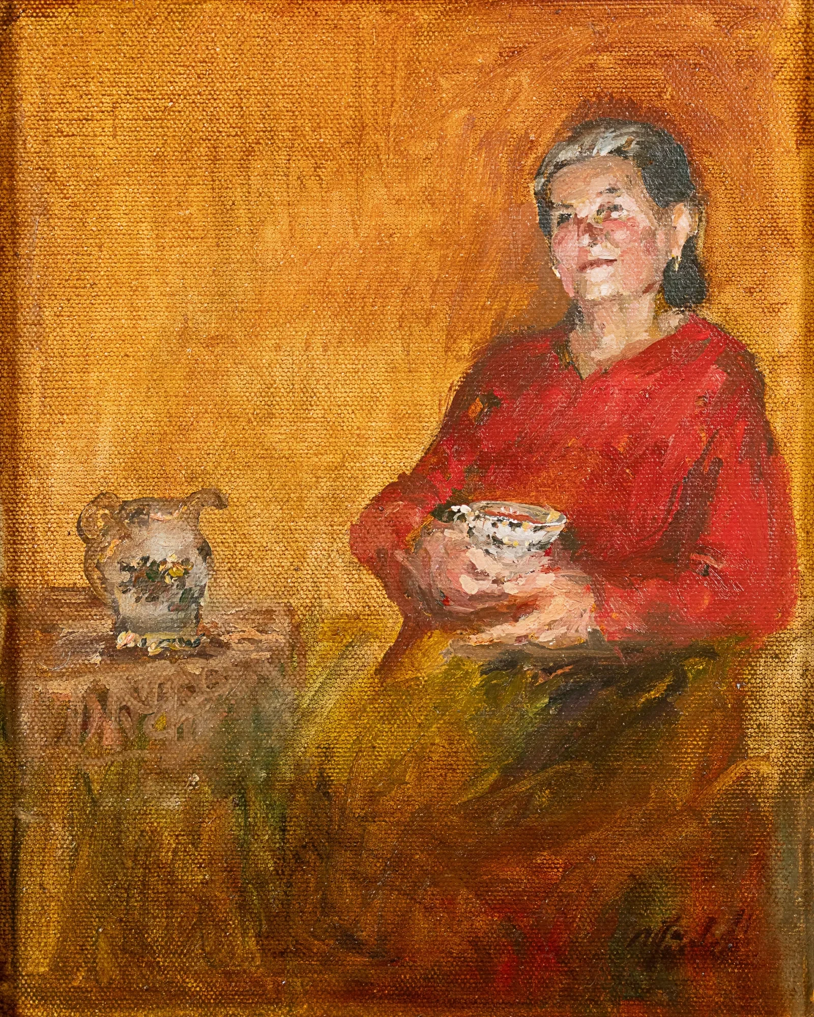 Portrait of a seated woman in a red blouse holding a bowl — painting by Violetta Chandler