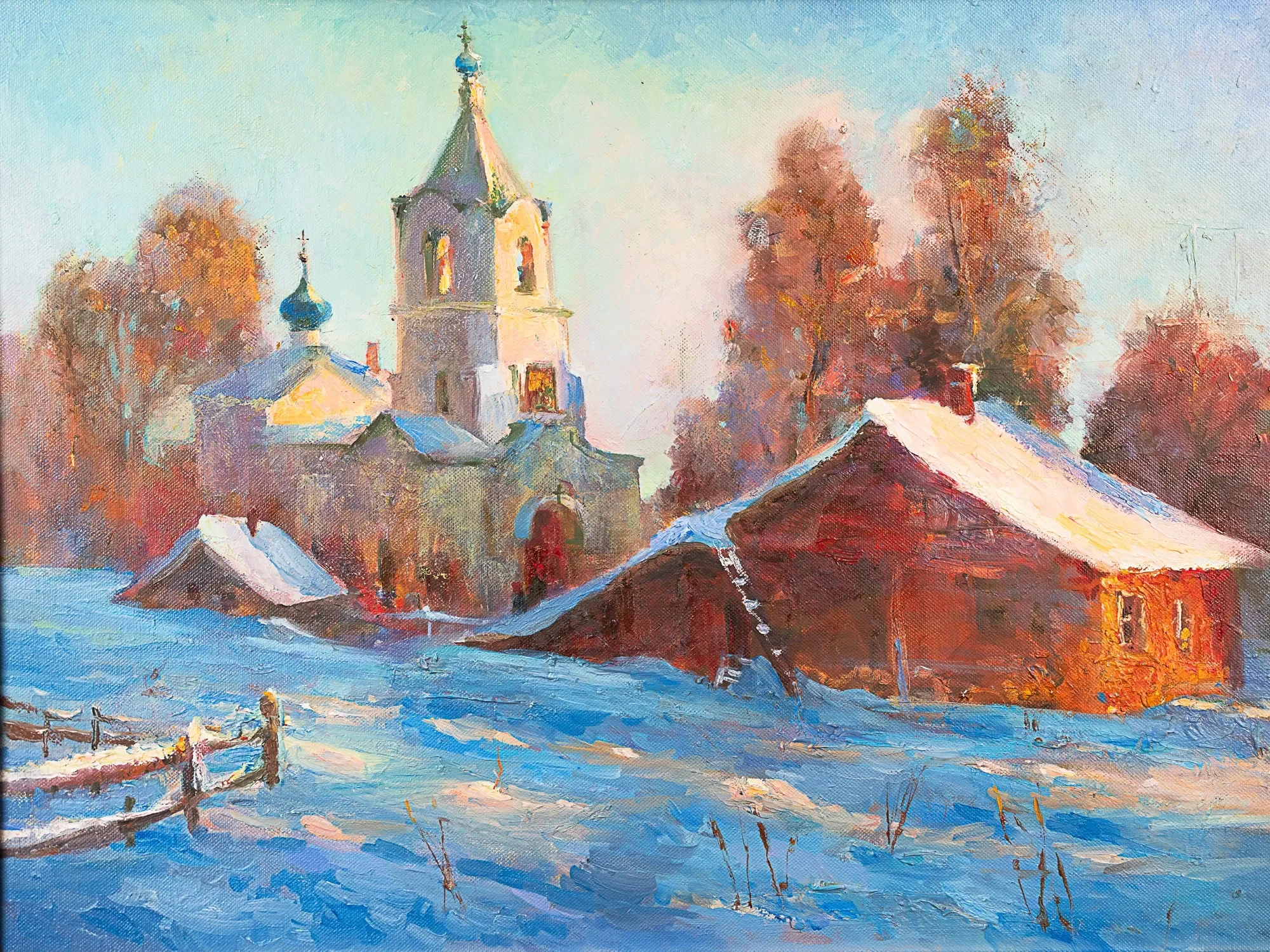 Snow-covered houses and a church among autumn-colored trees — painting by Violetta Chandler