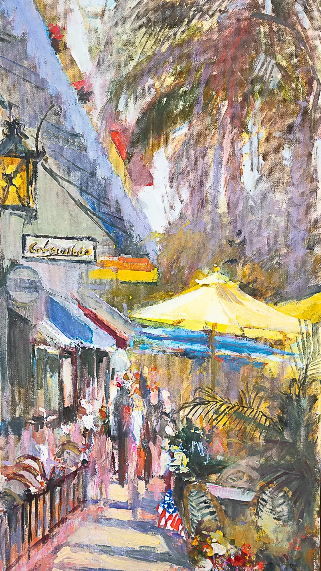 A café passage with yellow umbrellas and palm trees — painting by Violetta Chandler