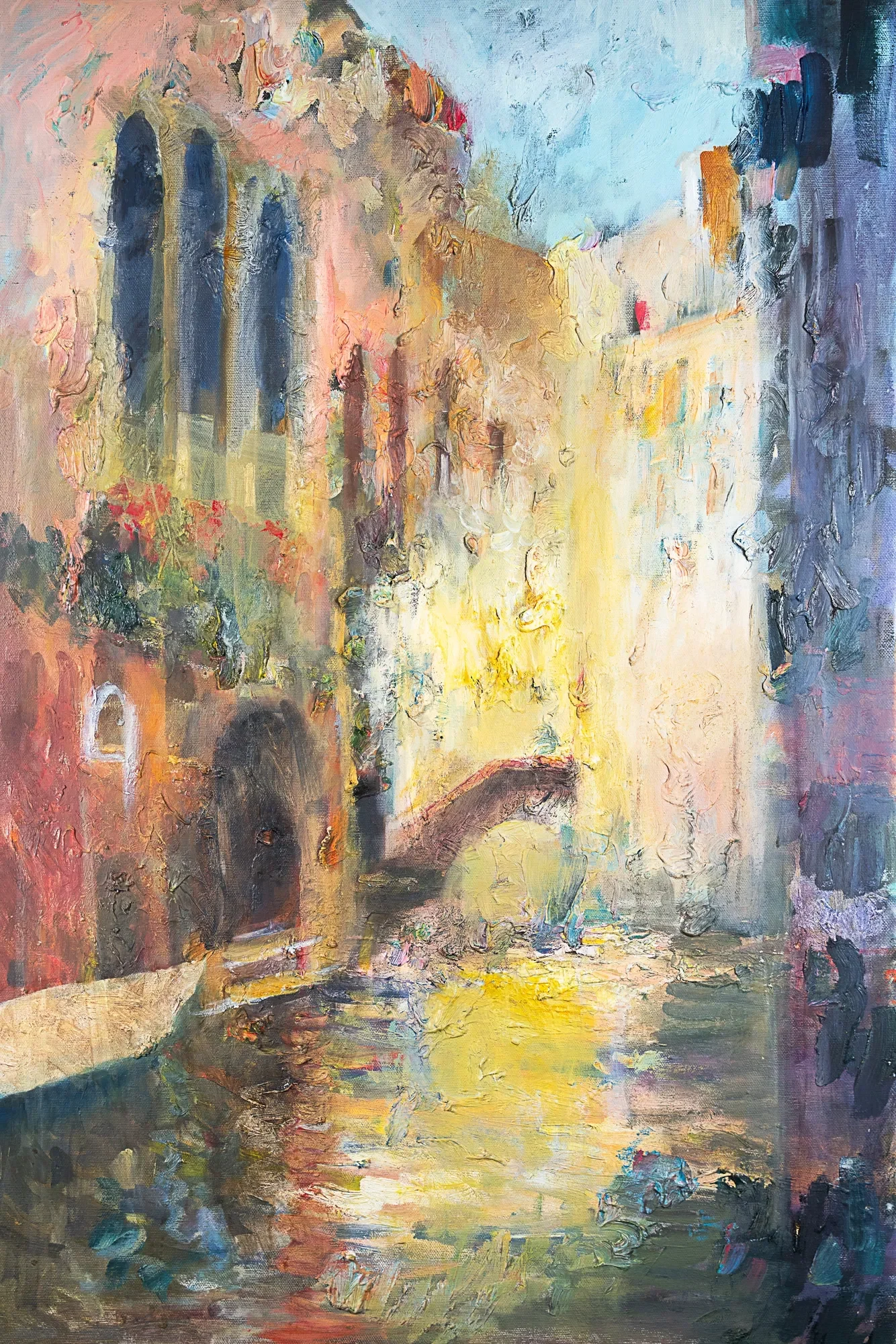 A narrow canal between tall buildings in golden light — painting by Violetta Chandler
