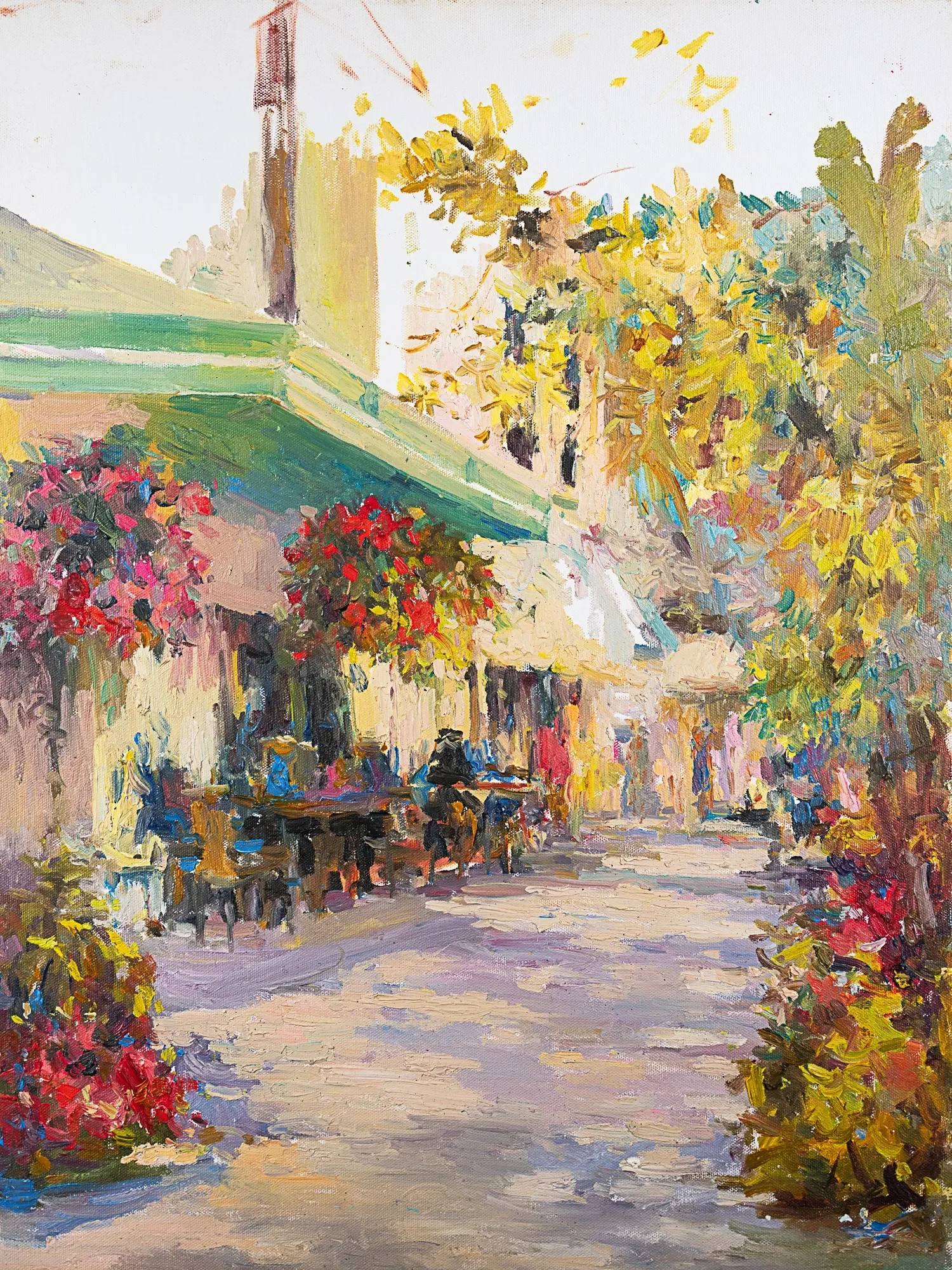 A sunlit café lane with green awnings and hanging flowers — painting by Violetta Chandler