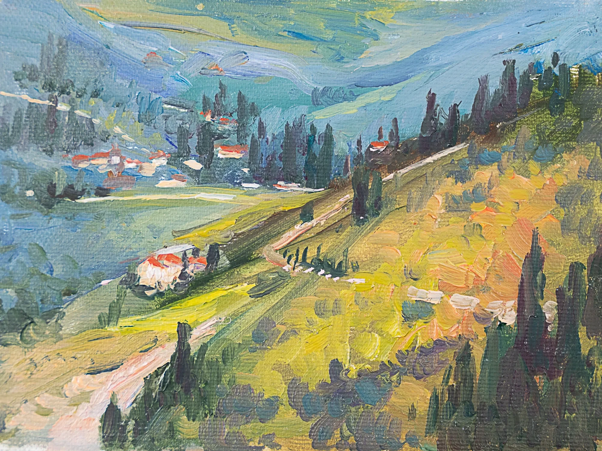 Rolling green hills with cypress trees and scattered houses — painting by Violetta Chandler