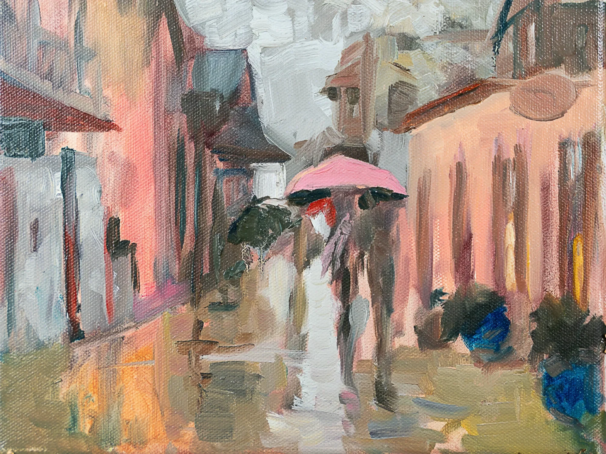 People carrying umbrellas along a rain-washed street — painting by Violetta Chandler