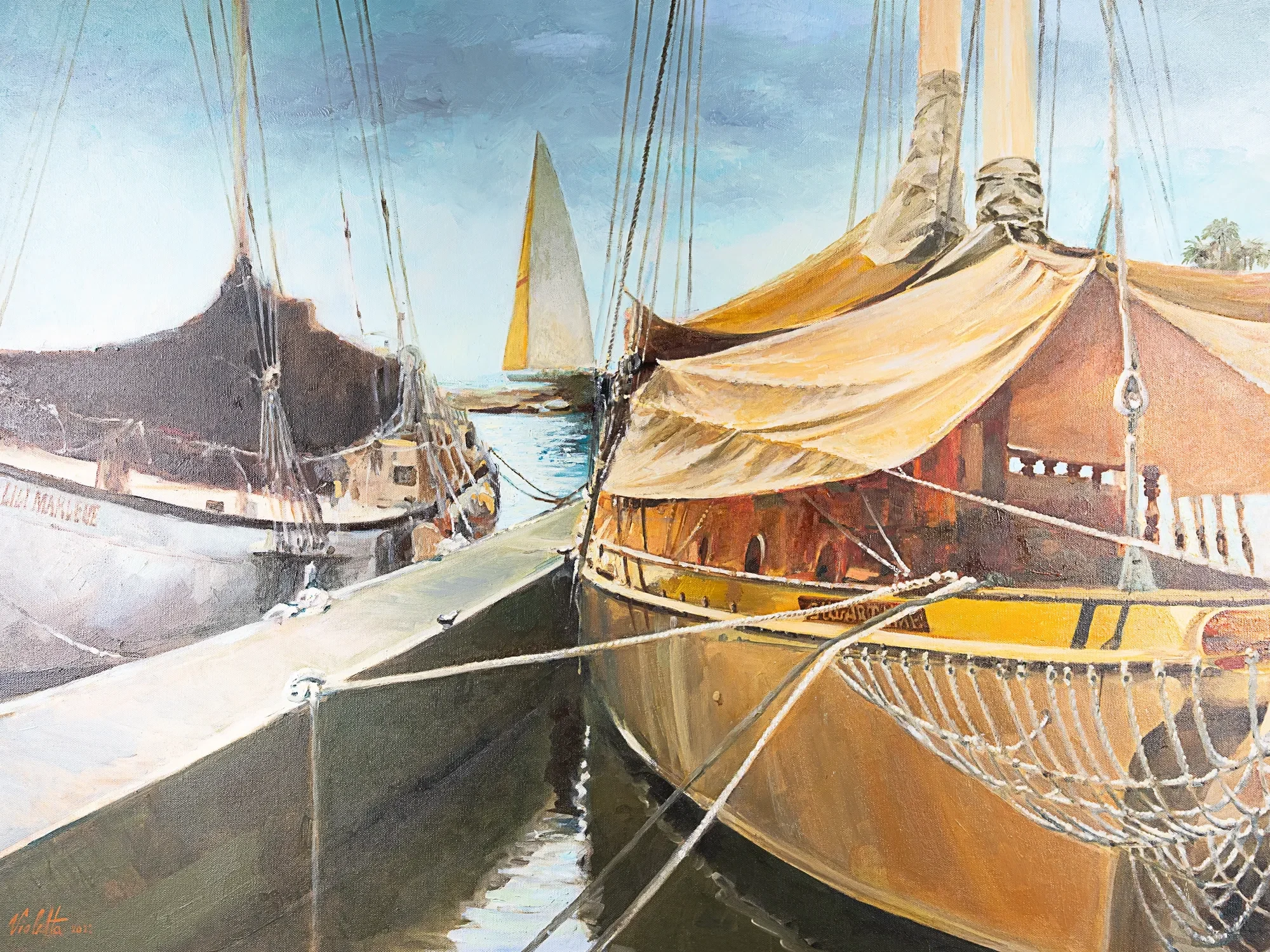 Golden-hulled sailboats moored side by side — painting by Violetta Chandler