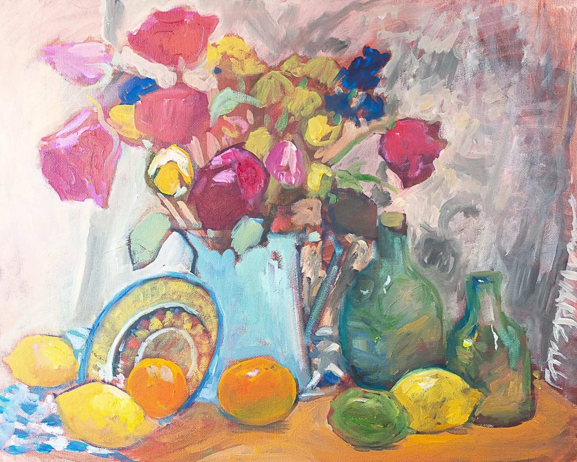 Still life with pink flowers, fruit, and colorful vessels — painting by Violetta Chandler