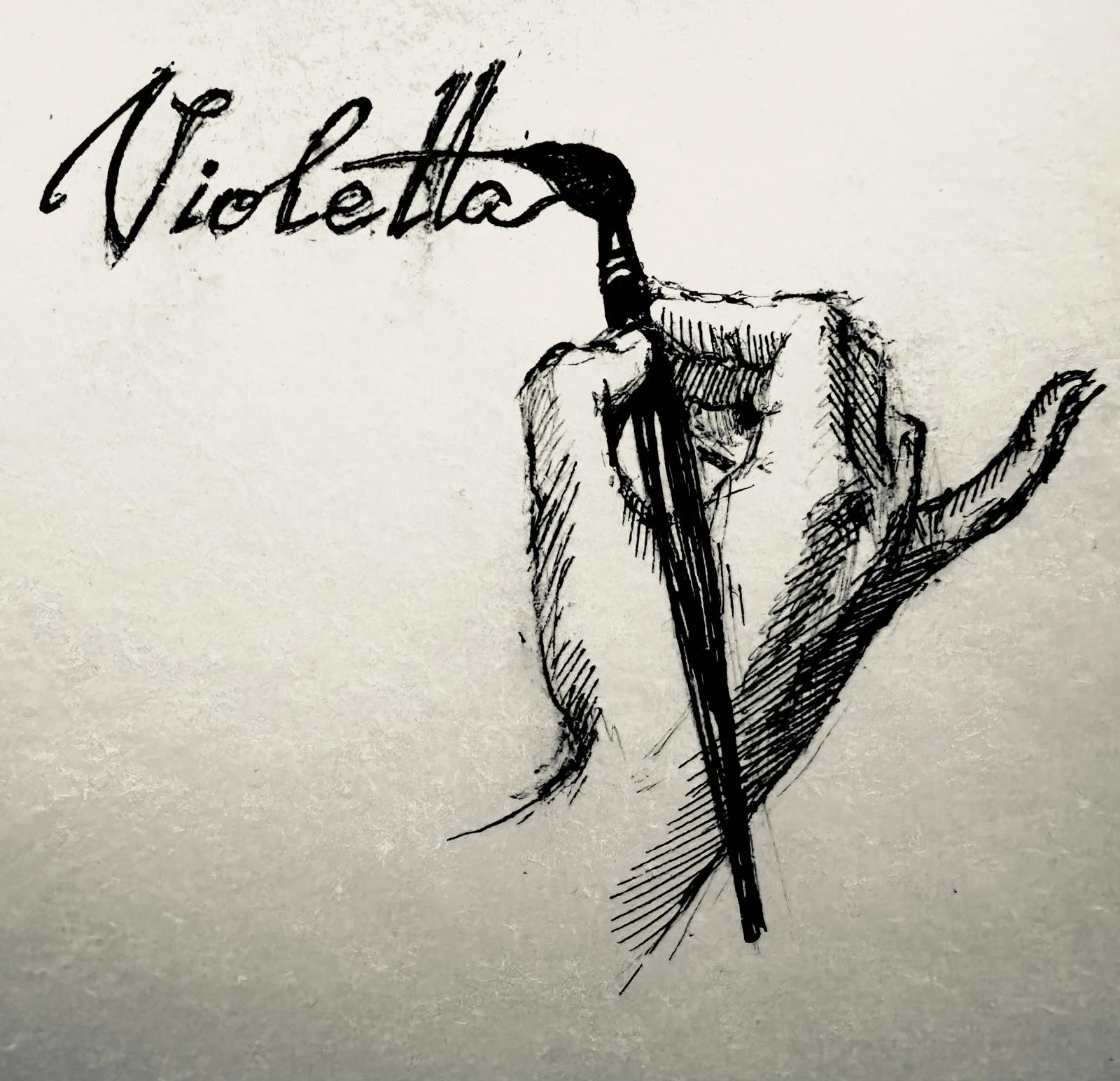 Violetta’s ink sketch of a hand holding a paintbrush, with her handwritten name